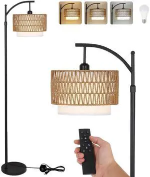 Arc Floor Lamp for Living Room with 3 Color Temperatures, Farmhouse Floor Lamps with Remote & Dimmable Bulb, Boho Standing Lamp with Rattan & Fabric Shades, Adjustable Tall Lamp for Bedroom, Office Arc Floor Lamp for Living Room with 3 Color Temperatures, Farmhouse Floor Lamps with Remote & Dimmable Bulb, Boho Standing Lamp with Rattan & Fabric Shades, Adjustable Tall Lamp for Bedroom, Office