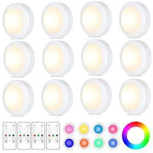 12 Pack LED Puck Lights Remote Control 16 Color Changeable Under Cabinet Lights, Battery Operated Lights Night Light with Dimmer & Timmer for Closet Bedroom Kitchen, White 12 Pack LED Puck Lights Remote Control 16 Color Changeable Under Cabinet Lights, Battery Operated Lights Night Light with Dimmer & Timmer for Closet Bedroom Kitchen, White