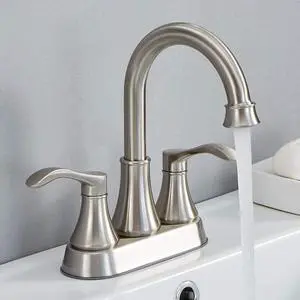 Lead-Free Antique 2 Handle Bathroom Sink Faucet, 360° Swivel High-Arc Spout 4-Inch Centerset Lavatory Vanity Faucets Set with Drain & Water Hoses, Brushed Nickel Lead-Free Antique 2 Handle Bathroom Sink Faucet, 360° Swivel High-Arc Spout 4-Inch Centerset Lavatory Vanity Faucets Set with Drain & Water Hoses, Brushed Nickel
