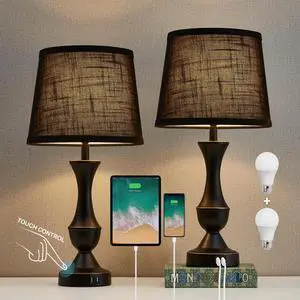 Black Touch Table Lamps Set of 2, 22" Tall Bedside Lamps with USB C+A Charging Ports, Nightstand Lamps for for Bedroom, Living Room, Office, with Black Lampshade, LED Bulb Included Black Touch Table Lamps Set of 2, 22" Tall Bedside Lamps with USB C+A Charging Ports, Nightstand Lamps for for Bedroom, Living Room, Office, with Black Lampshade, LED Bulb Included