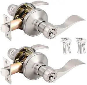 (2 Pack Wave Style Keyed Alike Entry Levers, Exterior Interior Satin Nickel Keyed Door Handles with Lock and Same Keys, Reversible for Right Left Handed Doors (2 Pack Wave Style Keyed Alike Entry Levers, Exterior Interior Satin Nickel Keyed Door Handles with Lock and Same Keys, Reversible for Right Left Handed Doors