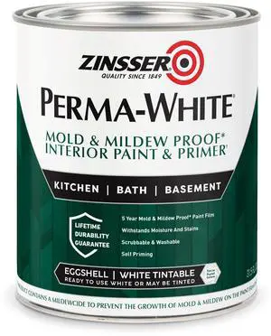 02774 PERMA-WHITE Mold & Mildew Proof Interior Paint, Quart, Eggshell White | Eggshell finish. Mold & mildew-proof, moisture-resistant finish for baths, kitchens & basements. Scrubbable & washable 02774 PERMA-WHITE Mold & Mildew Proof Interior Paint, Quart, Eggshell White | Eggshell finish. Mold & mildew-proof, moisture-resistant finish for baths, kitchens & basements. Scrubbable & washable