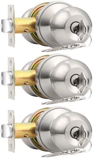 Brushed Nickel One Keyway Ball Door Knobs Entry Lock with Keys, 3 Pack Keyed Alike Door Locksets, Interior Exterior Keyed Hardware Brushed Nickel One Keyway Ball Door Knobs Entry Lock with Keys, 3 Pack Keyed Alike Door Locksets, Interior Exterior Keyed Hardware