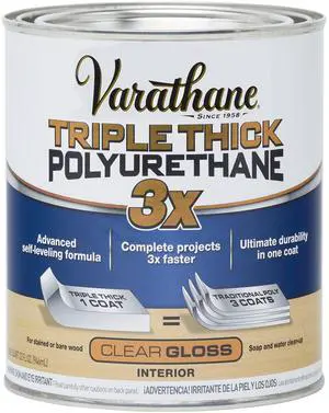 Triple Thick Polyurethane Gloss Wood Finish | One Coat Protection, Self-Leveling Formula, Scratch And Stain Resistance, Crystal Clear Finish, Quart Triple Thick Polyurethane Gloss Wood Finish | One Coat Protection, Self-Leveling Formula, Scratch And Stain Resistance, Crystal Clear Finish, Quart