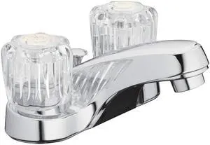 Two-Handle Bathroom Sink Faucet, Chrome, Acrylic Handles | 1.2 GPM Flow, 3-Hole, Low-Arc Spout, Washerless Cartridge, Brass Shanks, Pop-Up Drain Included, Double Handle Faucet Two-Handle Bathroom Sink Faucet, Chrome, Acrylic Handles | 1.2 GPM Flow, 3-Hole, Low-Arc Spout, Washerless Cartridge, Brass Shanks, Pop-Up Drain Included, Double Handle Faucet