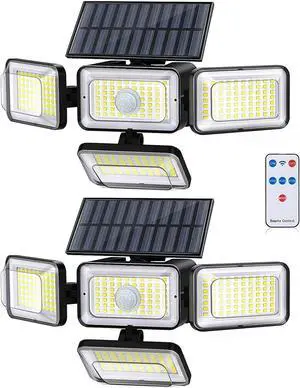Solar Lights Outdoor Waterproof, 288 LED 2800LM Motion Sensor Outdoor Lights with Remote Control, 4 Head Solar Flood Lights Outdoor for Patio, Garage, Yard, Wall, IP65 Security Lights 2 Pack Solar Lights Outdoor Waterproof, 288 LED 2800LM Motion Sensor Outdoor Lights with Remote Control, 4 Head Solar Flood Lights Outdoor for Patio, Garage, Yard, Wall, IP65 Security Lights 2 Pack