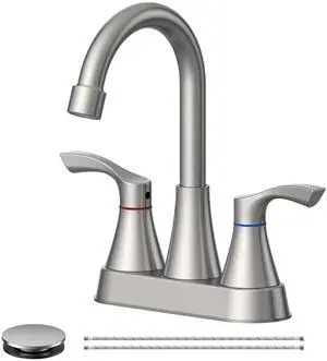 Brushed Nickel Bathroom Faucet 3 Hole 4 Inch Bathroom Sink Faucets | Stainless Steel 2 Handle Centerset Faucet for Bathroom Sink Vanity with Pop Up Drain and 4 Supply Hoses by Brushed Nickel Bathroom Faucet 3 Hole 4 Inch Bathroom Sink Faucets | Stainless Steel 2 Handle Centerset Faucet for Bathroom Sink Vanity with Pop Up Drain and 4 Supply Hoses by
