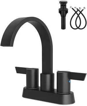 Matte Black Bathroom Faucet,4 Inch Centerset 2-Handle Waterfall | Includes Pop-Up Drain,24-Inch Supply Lines,Mounting Hardware,SUS304 Stainless Steel Construction,And A 360° Swivel Spout Matte Black Bathroom Faucet,4 Inch Centerset 2-Handle Waterfall | Includes Pop-Up Drain,24-Inch Supply Lines,Mounting Hardware,SUS304 Stainless Steel Construction,And A 360° Swivel Spout