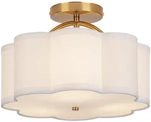 Semi Flush Mount Ceiling Light, 11.8" Modern 3-Light Fixture with Petal-Shaped Cream White Fabric Shade and Golden Support Arm, Ideal for Bedroom, Kitchen, Living Room, Hallway, and Entryway Semi Flush Mount Ceiling Light, 11.8" Modern 3-Light Fixture with Petal-Shaped Cream White Fabric Shade and Golden Support Arm, Ideal for Bedroom, Kitchen, Living Room, Hallway, and Entryway