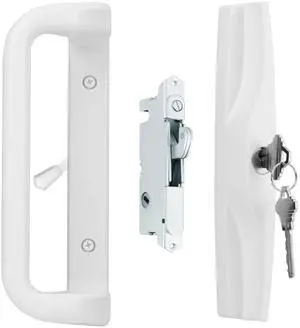 White Sliding Glass Door Handle Set with Lock and Key | Fits 3-15/16 in screw holes; keyed mortise lock, reversible, for 1-3/16 to 2 in doors White Sliding Glass Door Handle Set with Lock and Key | Fits 3-15/16 in screw holes; keyed mortise lock, reversible, for 1-3/16 to 2 in doors