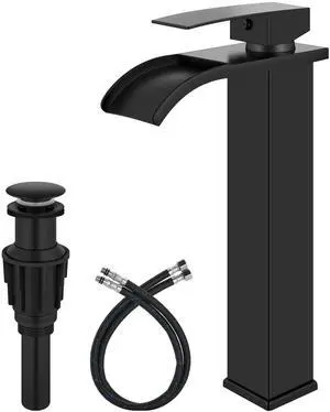 Matte Black Waterfall Vessel Sink Faucet,Tall Bathroom Faucet | Single-Handle Single-Hole Lavatory Vanity Sink Faucet Mixer Tap Includes Pop-Up Drain and Supply Lines Matte Black Waterfall Vessel Sink Faucet,Tall Bathroom Faucet | Single-Handle Single-Hole Lavatory Vanity Sink Faucet Mixer Tap Includes Pop-Up Drain and Supply Lines