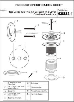 Champagne Bronze Trip Lever Tub Trim Kit Set with Trip Lever Overflow Face Plate, No putty Gasket, Trip Lever Bathtub Drain with Strainer, Overflow and Matching Screws, No putty installation Champagne Bronze Trip Lever Tub Trim Kit Set with Trip Lever Overflow Face Plate, No putty Gasket, Trip Lever Bathtub Drain with Strainer, Overflow and Matching Screws, No putty installation