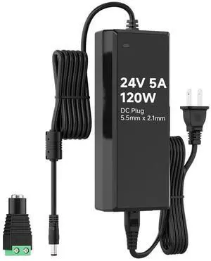 24V 5A 120W Power Supply Adapter ETL Listed | 100-240V AC to 24V DC Converter Power Supply, 5.5x2.1mm Jack for Low Voltage LED Strip Lights, CCTV, Router, Electronics 24V 5A 120W Power Supply Adapter ETL Listed | 100-240V AC to 24V DC Converter Power Supply, 5.5x2.1mm Jack for Low Voltage LED Strip Lights, CCTV, Router, Electronics