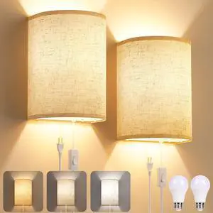Plug in Wall Sconces Set of Two Wall Lights with On/Off Switch | Stepless Color Temperature Wall Lamps with Fabric Linen Shade for Bedroom Living Room & Hallway- Indoor Corded Wall Decor Plug in Wall Sconces Set of Two Wall Lights with On/Off Switch | Stepless Color Temperature Wall Lamps with Fabric Linen Shade for Bedroom Living Room & Hallway- Indoor Corded Wall Decor