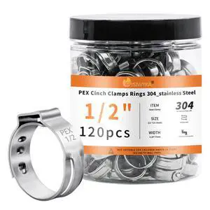 120pcs 1/2 inch PEX Cinch Clamps Rings, 304 Stainless Steel Pex Crimp Rings, Heavy Duty Thickened Single Ear Hose Clamps for PEX Tubing Pipe Fitting Connections 120pcs 1/2 inch PEX Cinch Clamps Rings, 304 Stainless Steel Pex Crimp Rings, Heavy Duty Thickened Single Ear Hose Clamps for PEX Tubing Pipe Fitting Connections