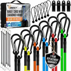 Bungee Cords with Hooks 28Pcs Set - Heavy Duty Outdoor Assorted Sizes | 28 piece carabiner bungee cord set with tarp clips, ball bungees and storage bag, UV and weather resistant, 200 lb strength Bungee Cords with Hooks 28Pcs Set - Heavy Duty Outdoor Assorted Sizes | 28 piece carabiner bungee cord set with tarp clips, ball bungees and storage bag, UV and weather resistant, 200 lb strength