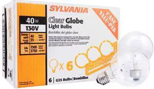 Sylvania Incandescent G25 E26 Globe 40 Watt Vanity Light Bulbs, 6 Pack | Medium Base Globe Bulbs for Bathroom, Dimmable Type G Round Vanity Bulbs 40W, 130V Clear Warm White Sylvania Incandescent G25 E26 Globe 40 Watt Vanity Light Bulbs, 6 Pack | Medium Base Globe Bulbs for Bathroom, Dimmable Type G Round Vanity Bulbs 40W, 130V Clear Warm White
