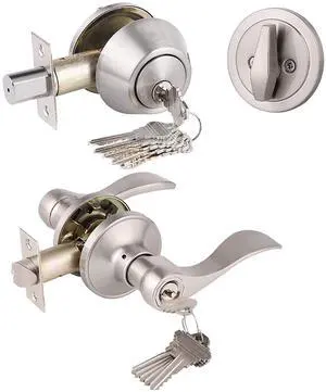 Keyed Alike Front Door Exterior Door Lever Lockset with Single Cylinder Deadbolt Combination Set, Door Knob with Lock and Deadbolt, Satin Nickel Finished, 1Pack Keyed Alike Front Door Exterior Door Lever Lockset with Single Cylinder Deadbolt Combination Set, Door Knob with Lock and Deadbolt, Satin Nickel Finished, 1Pack