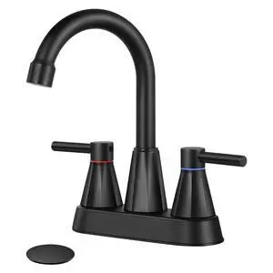 4" Bathroom Sink Faucet, 2-Handle Matte Black, Pop-Up Drain Included | 360° swivel spout, ceramic cartridge, 20% water-saving aerator, RV ready 4" Bathroom Sink Faucet, 2-Handle Matte Black, Pop-Up Drain Included | 360° swivel spout, ceramic cartridge, 20% water-saving aerator, RV ready