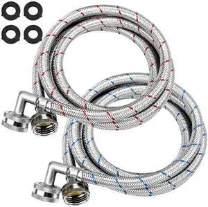 6FT Washer Stainless Steel Hoses with 90 Degree Elbows by - Burst Proof 3/4" FHT Standard Thread - 2 Pack Red and Blue Braided Hoses for Hot and Cold Water Supply 6FT Washer Stainless Steel Hoses with 90 Degree Elbows by - Burst Proof 3/4" FHT Standard Thread - 2 Pack Red and Blue Braided Hoses for Hot and Cold Water Supply