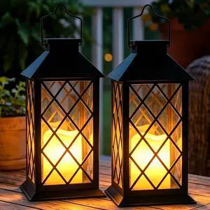 2 Pack 14" Large Tempered Glass Solar Lanterns Outdoor Waterproof | Black retro solar lantern with flickering flameless candles, ideal decoration for wall, porch, patio, table and garden 2 Pack 14" Large Tempered Glass Solar Lanterns Outdoor Waterproof | Black retro solar lantern with flickering flameless candles, ideal decoration for wall, porch, patio, table and garden