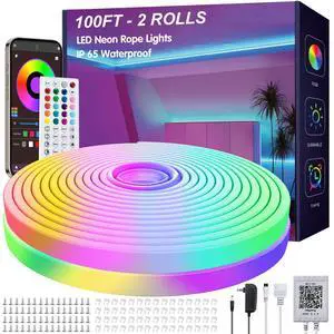 100ft RGB Led Neon Rope Lights, Remote App Control Led Rope Lights | IP65 Waterproof Neon Strip Lights for Outdoor Music Sync, DIY Design Flexible Led Lights, Led Strip Lights for Bedroom 100ft RGB Led Neon Rope Lights, Remote App Control Led Rope Lights | IP65 Waterproof Neon Strip Lights for Outdoor Music Sync, DIY Design Flexible Led Lights, Led Strip Lights for Bedroom
