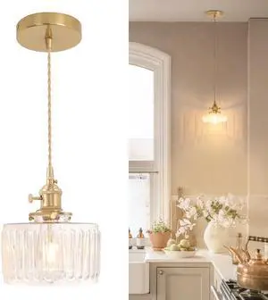 Pendant Light with Clear Striped Glass Lmapshade, Brass Vintage Pendant Light Adjustable Hanging Light for Kitchen Island Dining Room Hallway Pendant Light with Clear Striped Glass Lmapshade, Brass Vintage Pendant Light Adjustable Hanging Light for Kitchen Island Dining Room Hallway
