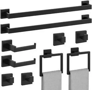 10-Pieces Matte Black Bathroom Accessories, 24 Inch Bathroom Hardware Set | SUS304 Stainless Steel Bath Towel Bar Set, Towel Racks for Bathroom Wall Mounted 10-Pieces Matte Black Bathroom Accessories, 24 Inch Bathroom Hardware Set | SUS304 Stainless Steel Bath Towel Bar Set, Towel Racks for Bathroom Wall Mounted
