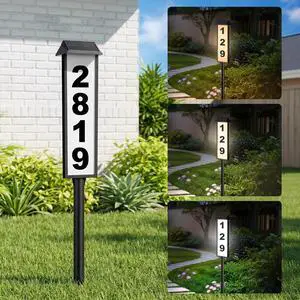 Solar Address Sign, House Number for Outside Waterproof, 3-Color LED Illuminated Address Plaque with Stake, Solar Powered Light Up Address Numbers for Houses Yard, 1-Pack Solar Address Sign, House Number for Outside Waterproof, 3-Color LED Illuminated Address Plaque with Stake, Solar Powered Light Up Address Numbers for Houses Yard, 1-Pack