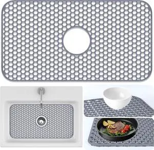 Sink Protectors Mat - 25.79"x13.98" Kitchen Sink Pad for Bottom of Basin for Protection of Stainless Steel and Tableware, Farmhouse Rubber Basin Mat Protector with Center Drain - Light Gray Sink Protectors Mat - 25.79"x13.98" Kitchen Sink Pad for Bottom of Basin for Protection of Stainless Steel and Tableware, Farmhouse Rubber Basin Mat Protector with Center Drain - Light Gray