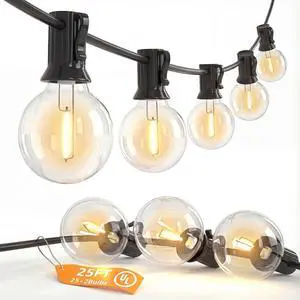 25FT G40 LED Globe Outdoor String Lights with 25 Plastic Shatterproof Bulbs | 2700K Warm White, IP65 Waterproof Hanging Connectable Globe Lights for Patio, Backyard, Bistro, Porch, Black Wire 25FT G40 LED Globe Outdoor String Lights with 25 Plastic Shatterproof Bulbs | 2700K Warm White, IP65 Waterproof Hanging Connectable Globe Lights for Patio, Backyard, Bistro, Porch, Black Wire