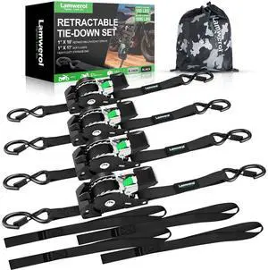 Retractable Ratchet Straps 1in x 10ft (1,650lb Break Strength) | 4-Pack Heavy Duty Auto Self Retracting Tie Down Straps for Motorcycle, ATV, UTV, Truck, Cargo Trailer - Black Retractable Ratchet Straps 1in x 10ft (1,650lb Break Strength) | 4-Pack Heavy Duty Auto Self Retracting Tie Down Straps for Motorcycle, ATV, UTV, Truck, Cargo Trailer - Black