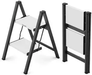 2 Step Ladder, Foldable Step Stool, 300lbs Load, Black & White | Folded 27''H x 3''T; Net 6.9 lbs; Rigid Aluminum Steps; No Assembly; For Home, Kitchen, Office, Pantry, Closets, Cabinets 2 Step Ladder, Foldable Step Stool, 300lbs Load, Black & White | Folded 27''H x 3''T; Net 6.9 lbs; Rigid Aluminum Steps; No Assembly; For Home, Kitchen, Office, Pantry, Closets, Cabinets
