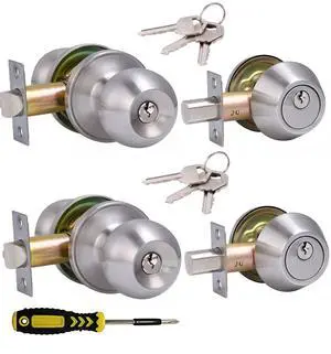 2 Sets All Keyed Same Entry Door Knob and Single Cylinder Deadbolt Combo Set, Round Ball Satin Nickel Exterior Door Knobs with Lock and Keys for Entrance and Front Door 2 Sets All Keyed Same Entry Door Knob and Single Cylinder Deadbolt Combo Set, Round Ball Satin Nickel Exterior Door Knobs with Lock and Keys for Entrance and Front Door