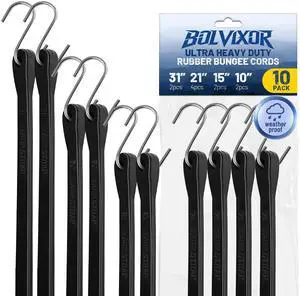 Bungee Cords with Hooks (10 Pack) 10", 15", 21", 31" Heavy Duty EPDM Rubber Tarp Straps, Max Stretch 2X, Load 180+ LBS, Crimped S Hooks for Cargo, Trucks, Camping, Outdoor Use Bungee Cords with Hooks (10 Pack) 10", 15", 21", 31" Heavy Duty EPDM Rubber Tarp Straps, Max Stretch 2X, Load 180+ LBS, Crimped S Hooks for Cargo, Trucks, Camping, Outdoor Use