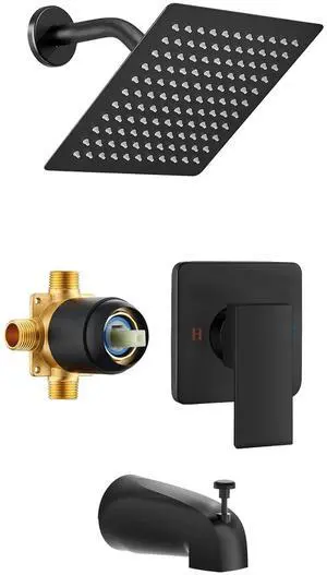 8" Square Rainfall Shower Faucet Set with Tub Spout, Matte Black | Wall Mounted, Single Handle, Rough-in Valve, 1/2" NPT, Air Pressure Boost 8" Square Rainfall Shower Faucet Set with Tub Spout, Matte Black | Wall Mounted, Single Handle, Rough-in Valve, 1/2" NPT, Air Pressure Boost
