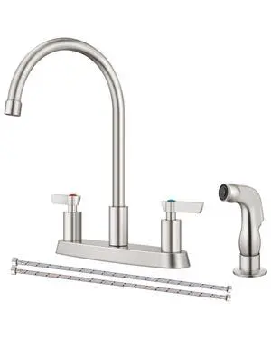 Kitchen Faucet with Side Sprayer, 8 Inch Centerset 4-Hole Nickel | Lead-Free 4-Hole High Arc Kitchen Sink Faucet, 1.8 GPM, 360° Spout Kitchen Faucet with Side Sprayer, 8 Inch Centerset 4-Hole Nickel | Lead-Free 4-Hole High Arc Kitchen Sink Faucet, 1.8 GPM, 360° Spout