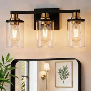 Bathroom Light Fixtures, 3-Light Black and Gold Bathroom Lights Over Mirror with Clear Glass Shade,Vanity Lights for Bathroom Hallway Bedroom Living Room, ETL Listed Bathroom Light Fixtures, 3-Light Black and Gold Bathroom Lights Over Mirror with Clear Glass Shade,Vanity Lights for Bathroom Hallway Bedroom Living Room, ETL Listed