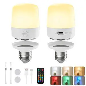 E26 Rechargeable Light Bulbs with Remote and Timer, 2 Pack | Battery light Bulb with 12 Colors, Brightness Dimmable, 2300mAh 40W Equivalent LED Bulbs for Lamps Sconces Camping Emergency E26 Rechargeable Light Bulbs with Remote and Timer, 2 Pack | Battery light Bulb with 12 Colors, Brightness Dimmable, 2300mAh 40W Equivalent LED Bulbs for Lamps Sconces Camping Emergency