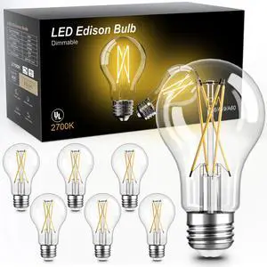 A19 Vintage Dimmable LED Light Bulbs, E26 Base 60W Equivalent, 6 Pack | 2700K Warm White, 8W, 800 Lumens High Brightness, CRI 80+, Clear Glass Edison Filament, for Home, Farmhouse A19 Vintage Dimmable LED Light Bulbs, E26 Base 60W Equivalent, 6 Pack | 2700K Warm White, 8W, 800 Lumens High Brightness, CRI 80+, Clear Glass Edison Filament, for Home, Farmhouse