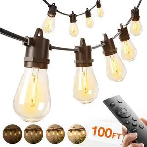 100FT Outdoor String Lights LED with Remote Dimmable Waterproof | Timer & 3 Lighting Modes, Shatterproof Edison Bulbs, Connectable Hanging Strand for Patio Outside Backyard Porch Party Décor 100FT Outdoor String Lights LED with Remote Dimmable Waterproof | Timer & 3 Lighting Modes, Shatterproof Edison Bulbs, Connectable Hanging Strand for Patio Outside Backyard Porch Party Décor