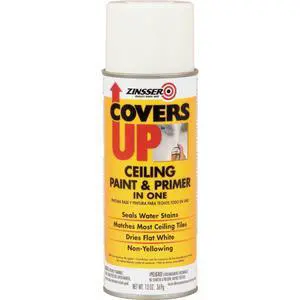 Covers Up Ceiling Paint & Primer Spray, White | Covers Up ceiling spray, 13oz, Flat White. Flat-white stain-blocking paint + primer hides water & smoke stains Covers Up Ceiling Paint & Primer Spray, White | Covers Up ceiling spray, 13oz, Flat White. Flat-white stain-blocking paint + primer hides water & smoke stains