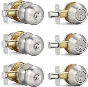 3 Sets Entry Door Knob and Single Cylinder Deadbolt Combo Set, Keyed Alike | Round Ball Satin Nickel Interior/Exterior Door Knobs with Lock and Keys for Entrance, Front Door and Indoor Door 3 Sets Entry Door Knob and Single Cylinder Deadbolt Combo Set, Keyed Alike | Round Ball Satin Nickel Interior/Exterior Door Knobs with Lock and Keys for Entrance, Front Door and Indoor Door
