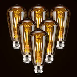 LED Dimmable Edison Light Bulbs 4W, 2200K-2400K Warm White (Amber Glass) ST64, E26 Base Pack of 6 LED Dimmable Edison Light Bulbs 4W, 2200K-2400K Warm White (Amber Glass) ST64, E26 Base Pack of 6