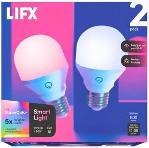 Color Smart Light Bulbs (2-Pack) A19 E26, Matter Compatible RGB + Tunable White (800 Lumens), WiFi Dimmable Color Changing (2.4GHz), Compatible with Apple HomeKit, Alexa & Google Color Smart Light Bulbs (2-Pack) A19 E26, Matter Compatible RGB + Tunable White (800 Lumens), WiFi Dimmable Color Changing (2.4GHz), Compatible with Apple HomeKit, Alexa & Google