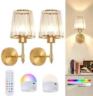 Battery Operated Wall Sconce Set of 2, Rechargeable Wireless Wall Lights | with 5200mAh Dimmable Bulbs and Remote,15 Colors Wireless Wall Lamps for Bedroom Living Room Hallway Decor-Clear gold Battery Operated Wall Sconce Set of 2, Rechargeable Wireless Wall Lights | with 5200mAh Dimmable Bulbs and Remote,15 Colors Wireless Wall Lamps for Bedroom Living Room Hallway Decor-Clear gold