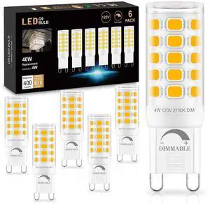 Dimmable G9 LED Bulb 4W (40 Watt Equivalent) Halogen 6 Pack 2700K | Soft Warm White, 120V T4 G9 Light Bulb, Bi-pin Base, 360°Beam Angle, 400LM, for Crystal Chandelier, Wall Sconce Home Light Dimmable G9 LED Bulb 4W (40 Watt Equivalent) Halogen 6 Pack 2700K | Soft Warm White, 120V T4 G9 Light Bulb, Bi-pin Base, 360°Beam Angle, 400LM, for Crystal Chandelier, Wall Sconce Home Light