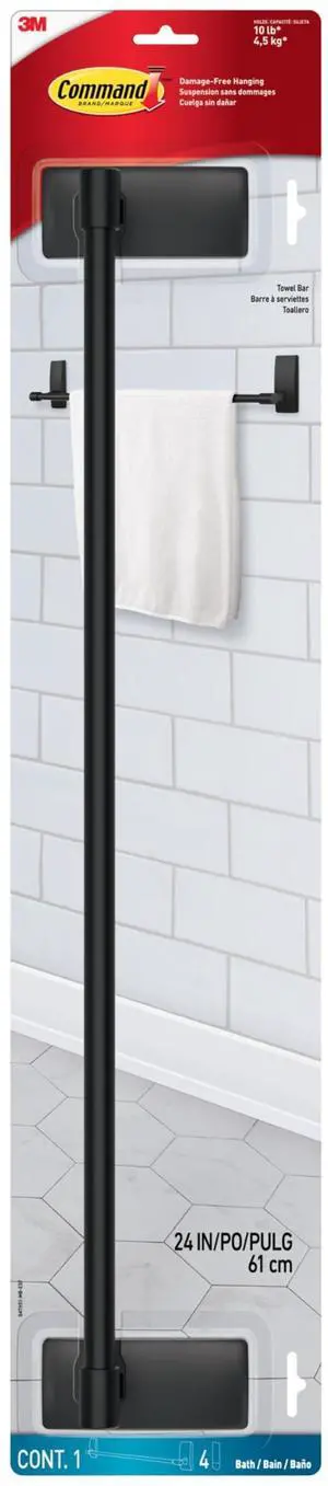 Bath Matte Black Towel Bar with Water Resistant Strips, Bathroom Organizer, 24 in Bar Length Holds up to 10 lbs Bath Matte Black Towel Bar with Water Resistant Strips, Bathroom Organizer, 24 in Bar Length Holds up to 10 lbs