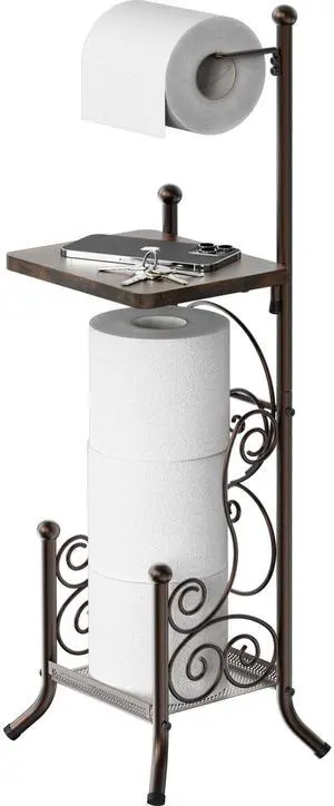 English Style Toilet Paper Stand Holder w/Woodtop, Bronze | 4 Paper Rolls, 8.5" x 8.75" x 29.2" English Style Toilet Paper Stand Holder w/Woodtop, Bronze | 4 Paper Rolls, 8.5" x 8.75" x 29.2"