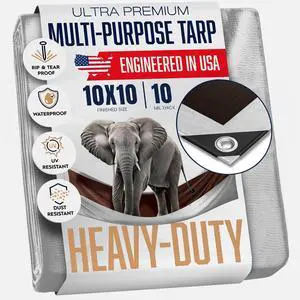 10x10 Heavy Duty Tarp, Waterproof, 10 Mil Thick, High Durability, Tear & Fade Resistant, UV Treated, Grommets Every 18 Inches (10' x '10') 10x10 Heavy Duty Tarp, Waterproof, 10 Mil Thick, High Durability, Tear & Fade Resistant, UV Treated, Grommets Every 18 Inches (10' x '10')